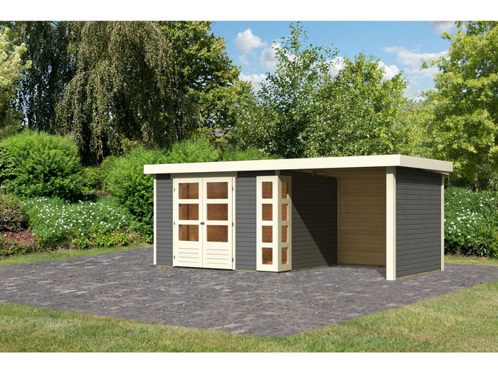 Karibu Gartenhaus Kerko 5 terragrau mit Anbaudach 2,40 m inkl. Seiten- und Rückwand