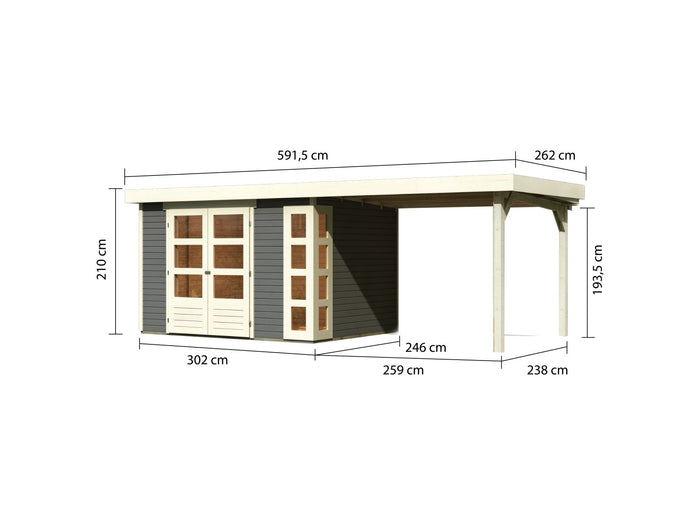 Karibu Gartenhaus Kerko 5 terragrau mit Anbaudach 2,80 m