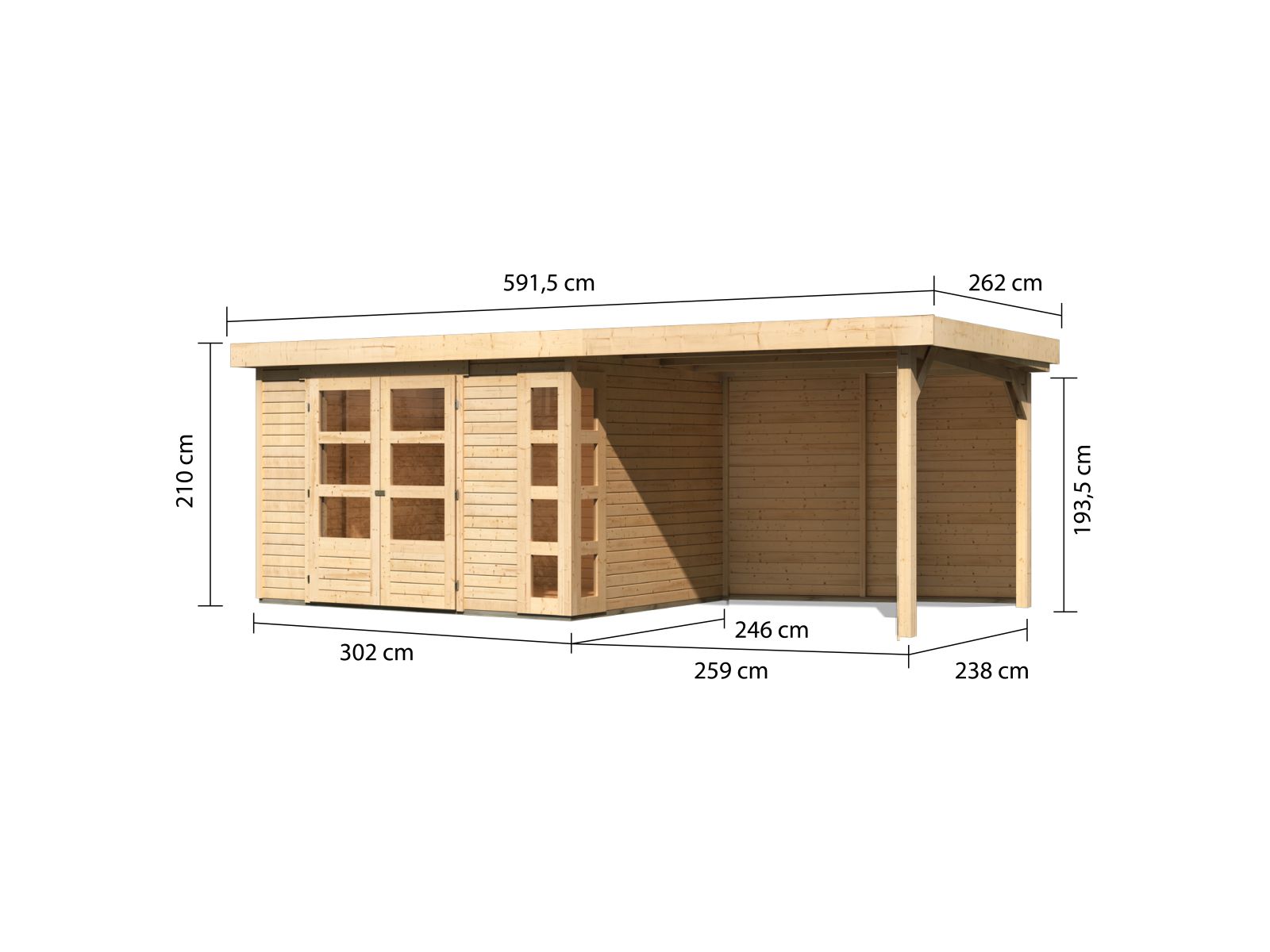 Karibu Gartenhaus Kerko 5 natur mit Anbaudach 2,80 m inkl. Rückwand