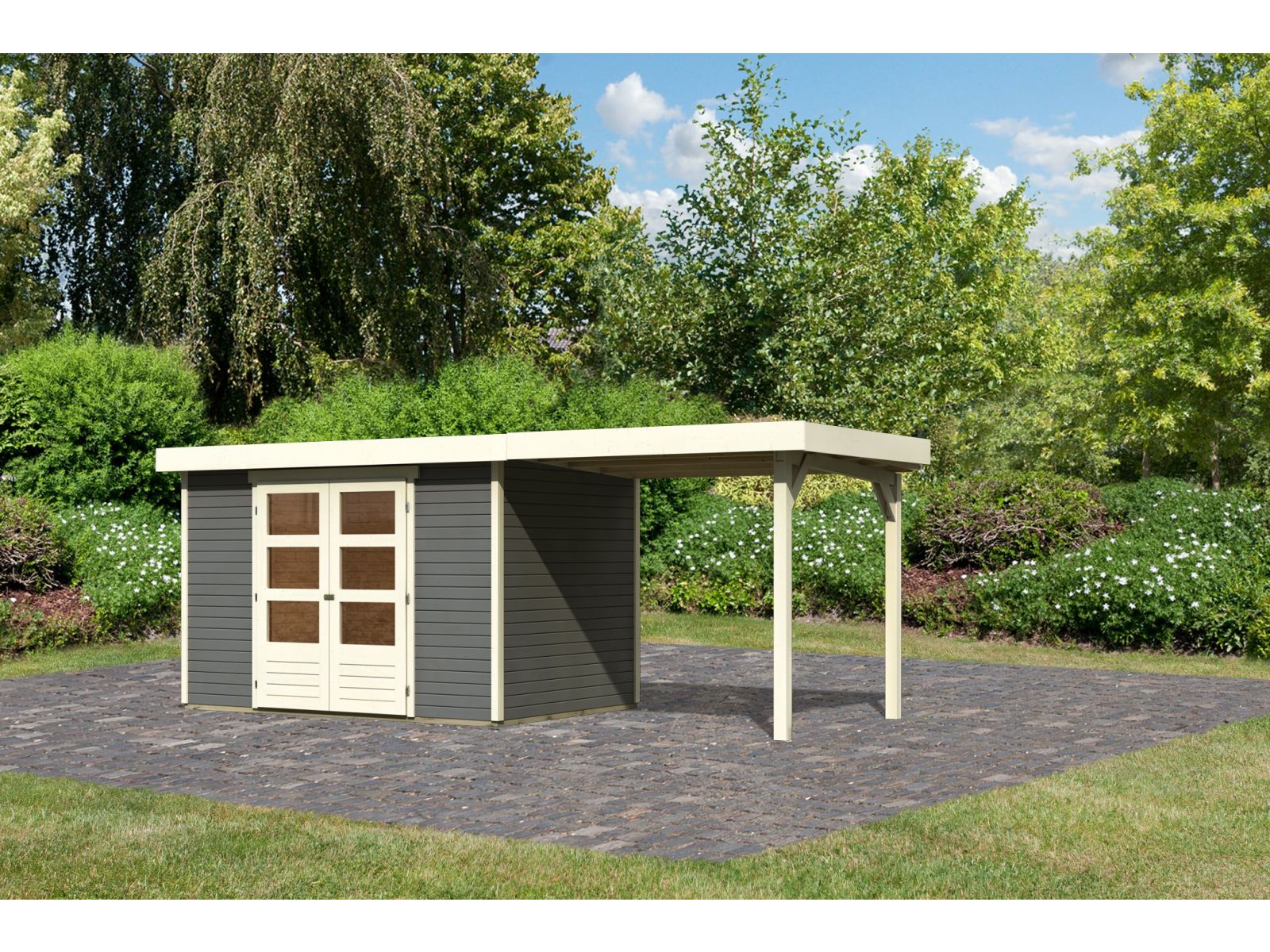 Karibu Gartenhaus Askola 4 in terragrau mit Anbaudach 2,40 Meter