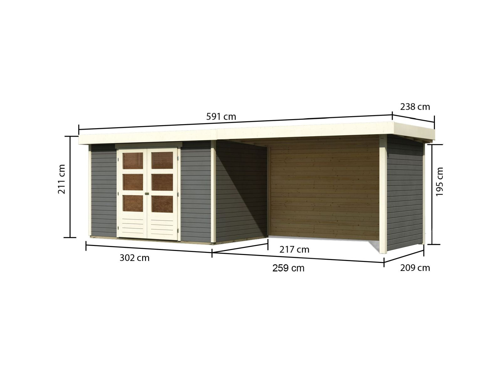 Karibu Gartenhaus Askola 4 terragrau mit Anbaudach 2,80 Meter inkl. Rück-und Seitenwand