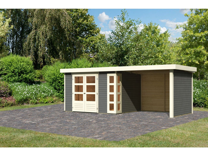 Karibu Gartenhaus Kerko 5 terragrau mit Anbaudach 2,80 m inkl. Seiten- und Rückwand
