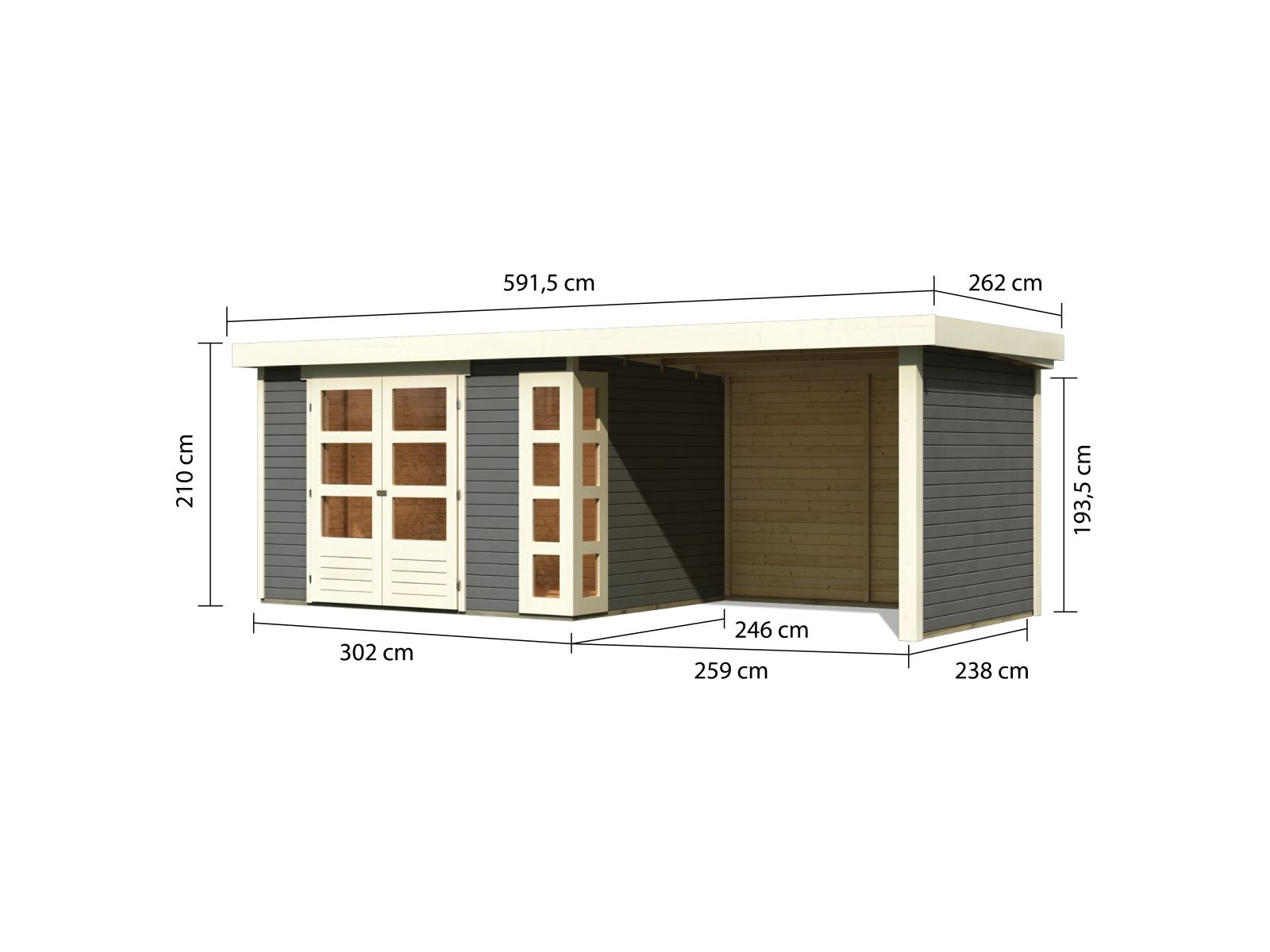 Karibu Gartenhaus Kerko 5 terragrau mit Anbaudach 2,80 m inkl. Seiten- und Rückwand