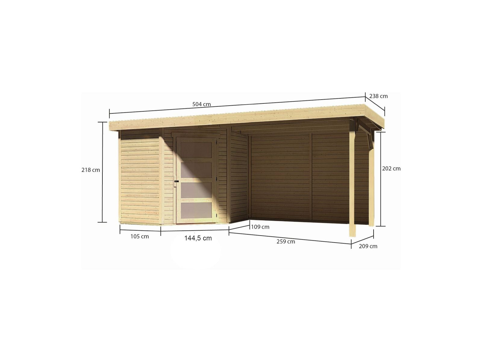 Karibu Gartenhaus Schwandorf 3 natur mit Anbaudach 2,8 m inkl. Rückwand