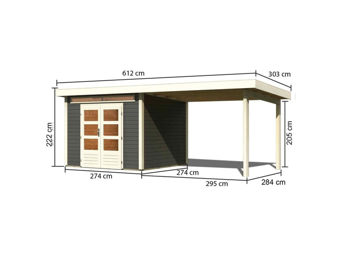 Karibu Gartenhaus Kandern 6 in terragrau mit Anbaudach 3,2 Meter
