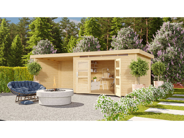 Karibu Gartenhaus Kandern 7 mit Anbaudach 3,2 Meter inkl. Rückwand