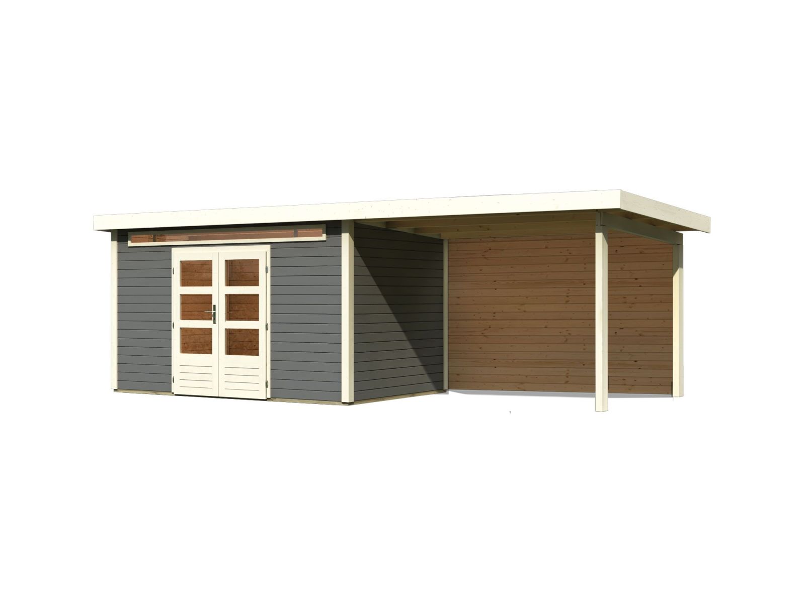 Karibu Gartenhaus Kandern 7 in terragrau mit Anbaudach 3,20 Meter inkl. Rückwand