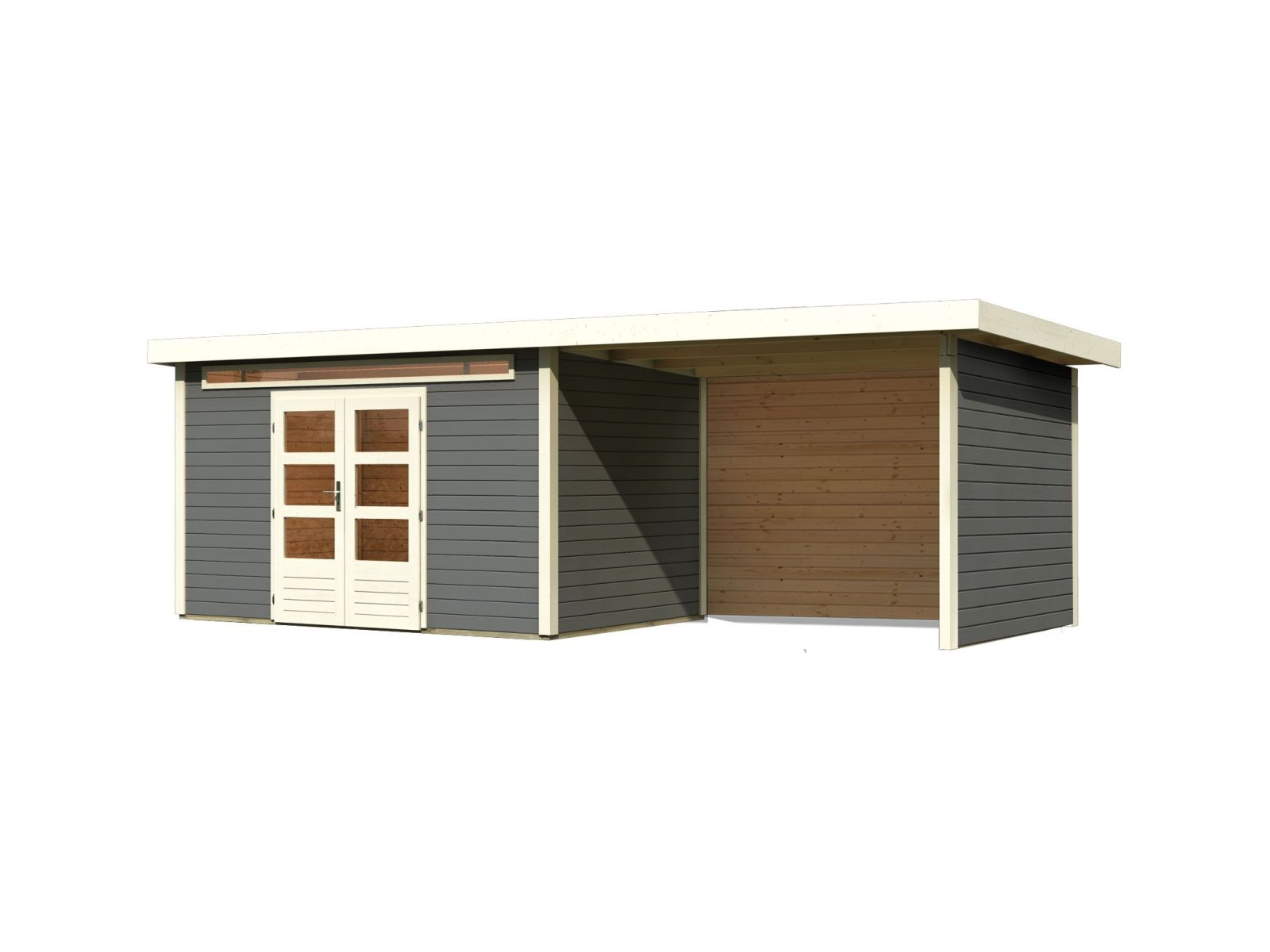 Karibu Gartenhaus Kandern 7 in terragrau mit Anbaudach 3,20 Meter inkl. Rück- und Seitenwand