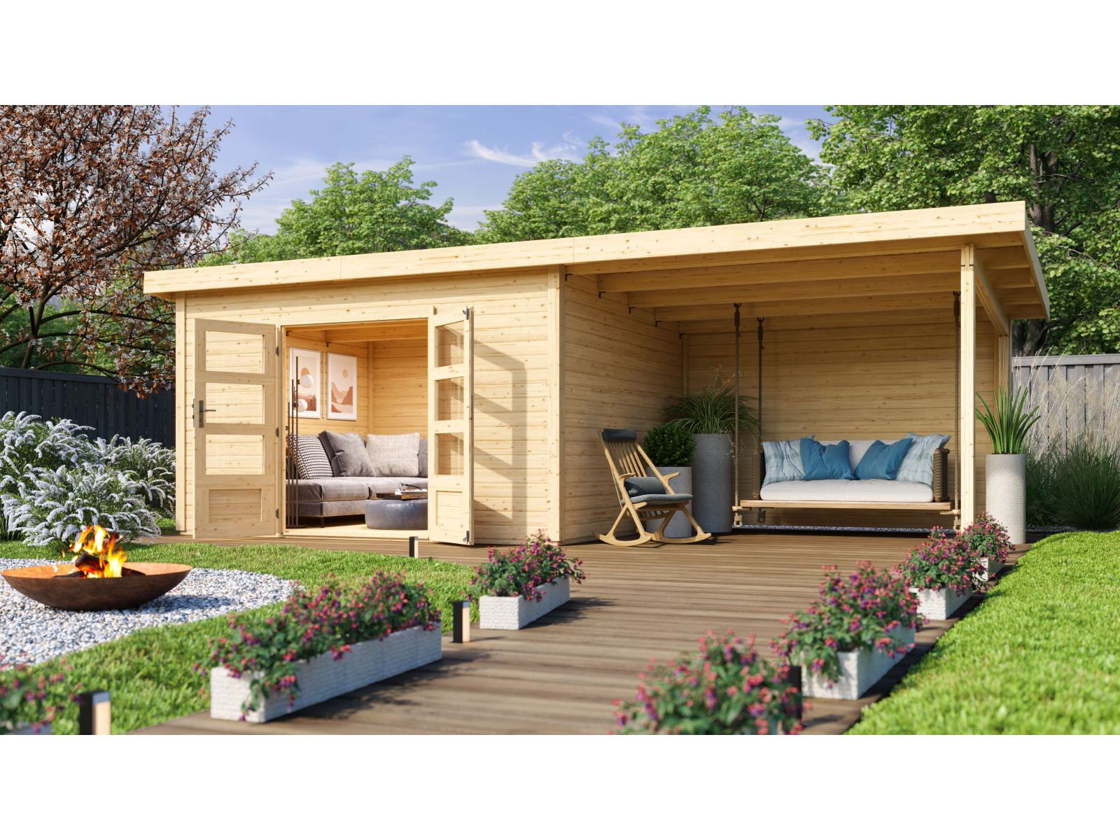 Karibu Gartenhaus Northeim 4 natur mit Anbaudach 3 m inkl. Rückwand