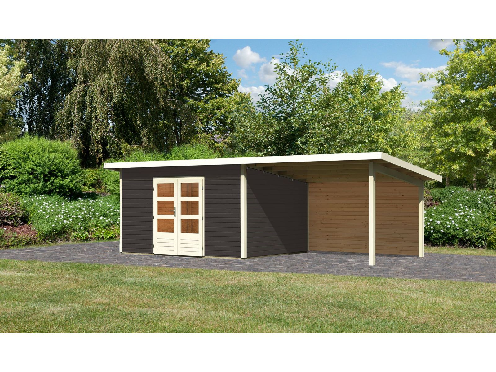 Karibu Gartenhaus Northeim 4 terragrau mit Anbaudach 3 m inkl. Rückwand