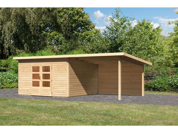 Karibu Gartenhaus Northeim 5 natur mit Anbaudach 3 m inkl. Rückwand