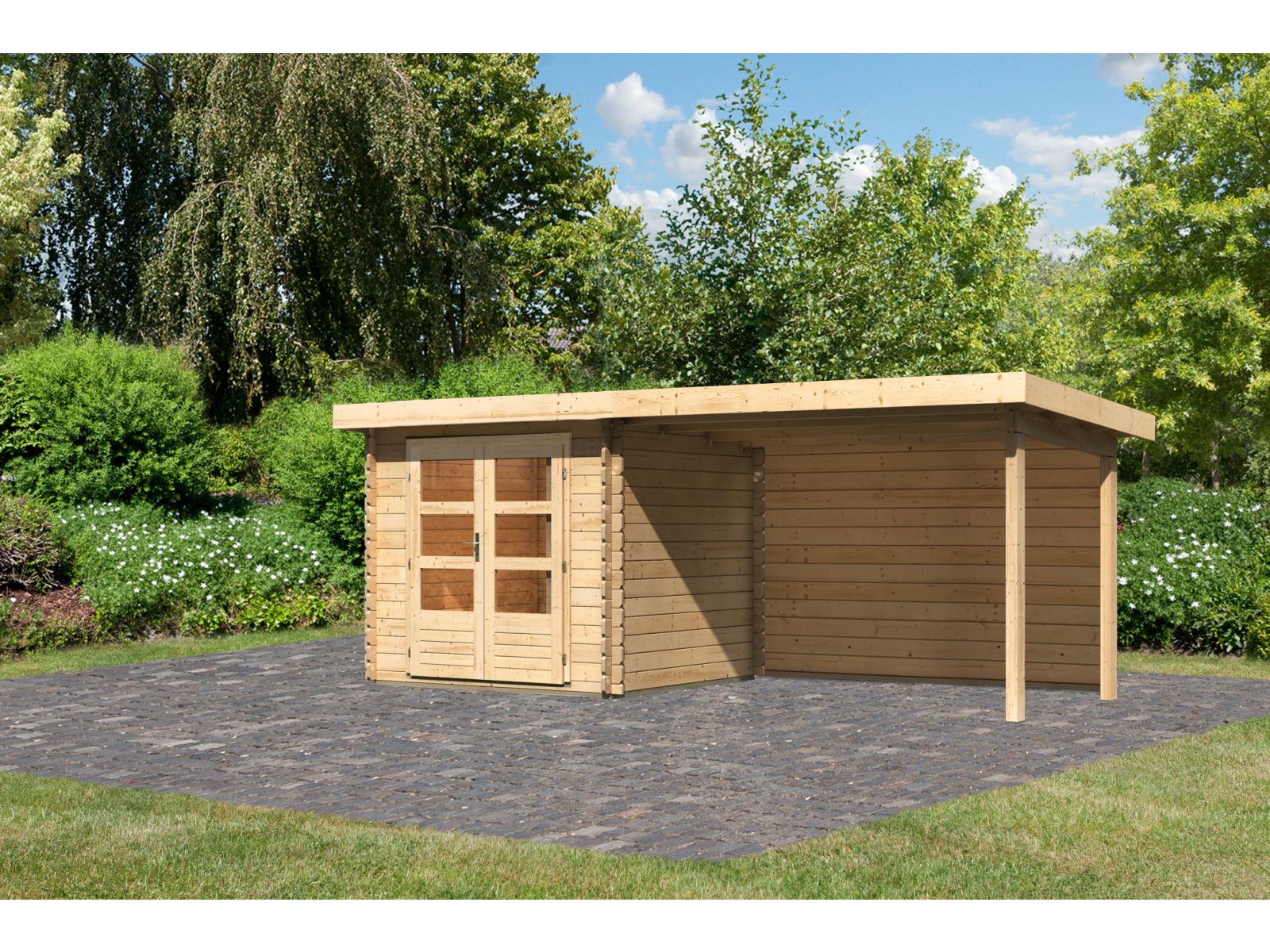 Karibu Gartenhaus Bastrup 2 mit Anbaudach 3 Meter inkl. Rückwand natur