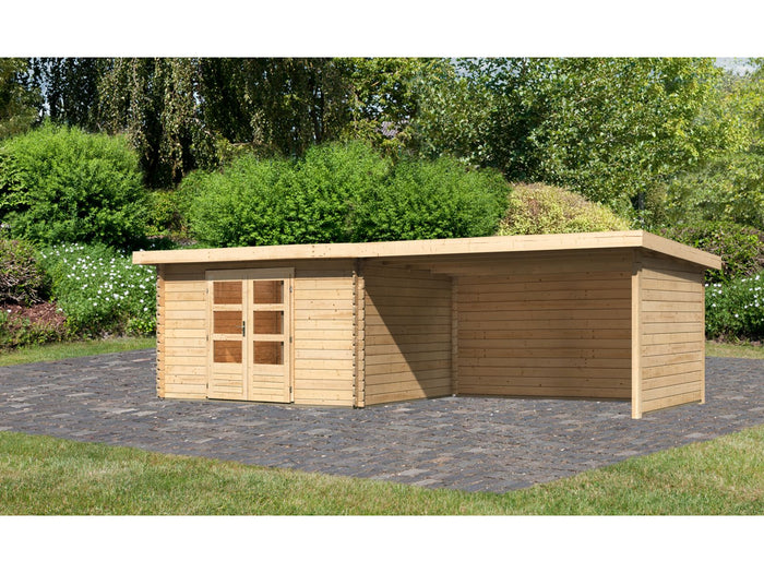 Karibu Gartenhaus Bastrup 7 mit Anbaudach 4 Meter inkl. Rück- und Seitenwand