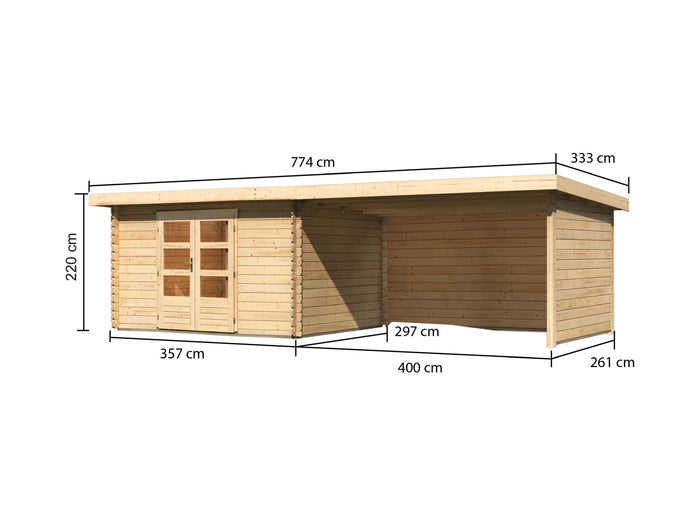Karibu Gartenhaus Bastrup 7 mit Anbaudach 4 Meter inkl. Rück- und Seitenwand