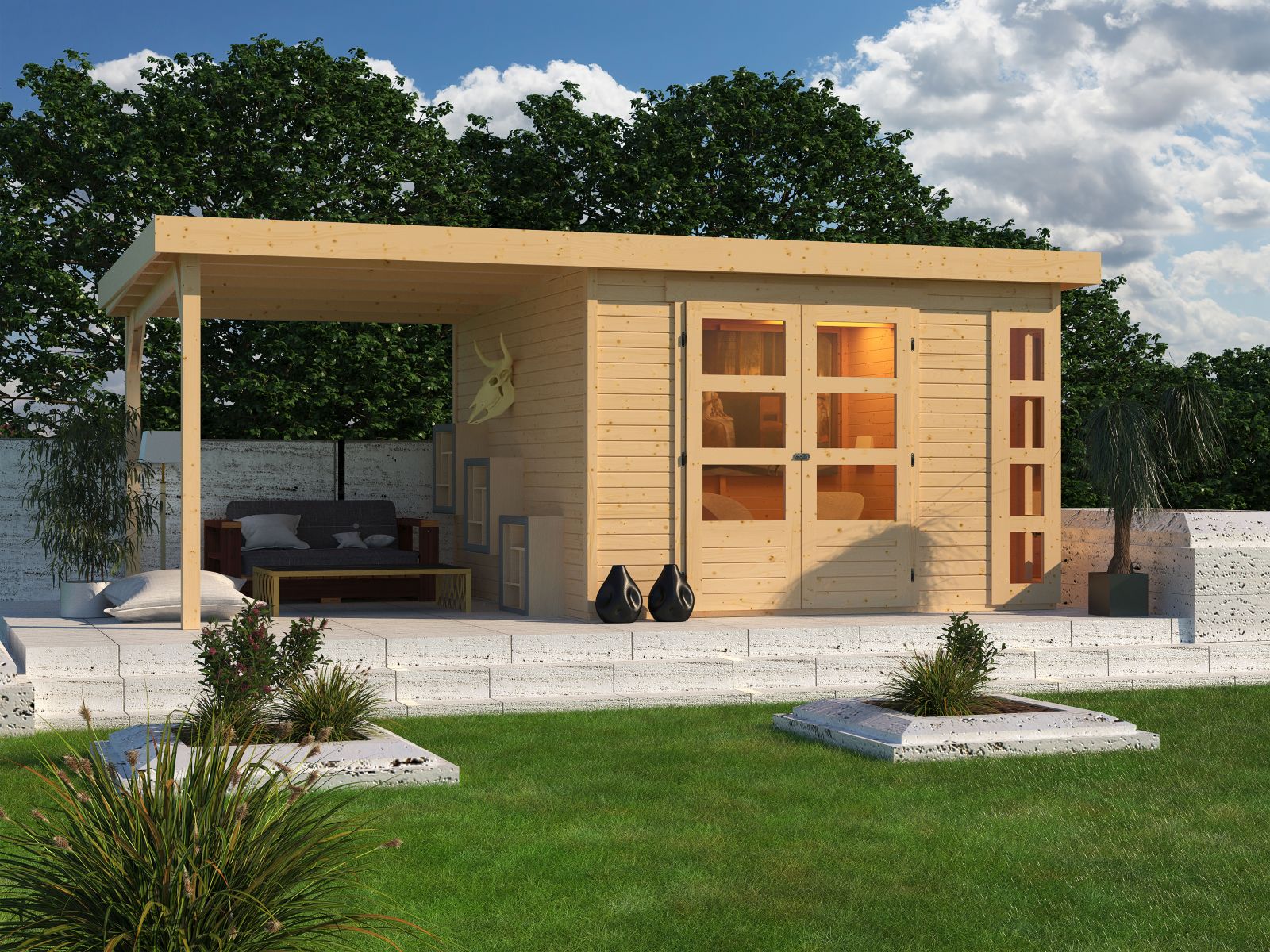 Karibu Gartenhaus Kerko 6 mit 2,40 m Anbaudach, 19 mm, natur