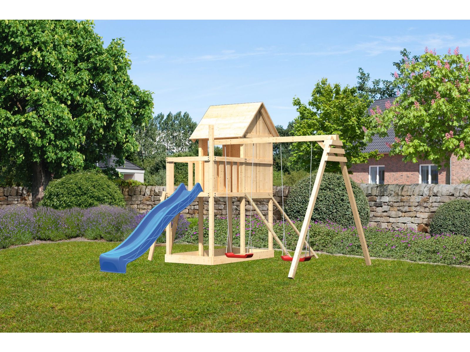 Karibu Stelzenhaus Frieda + Rutsche blau + Doppelschaukel + Netzrampe