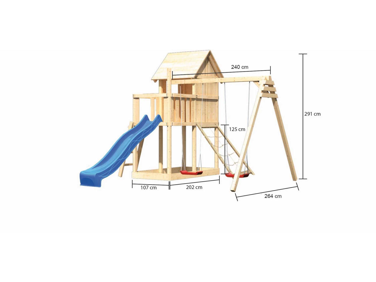 Karibu Stelzenhaus Frieda + Rutsche blau + Doppelschaukel + Netzrampe