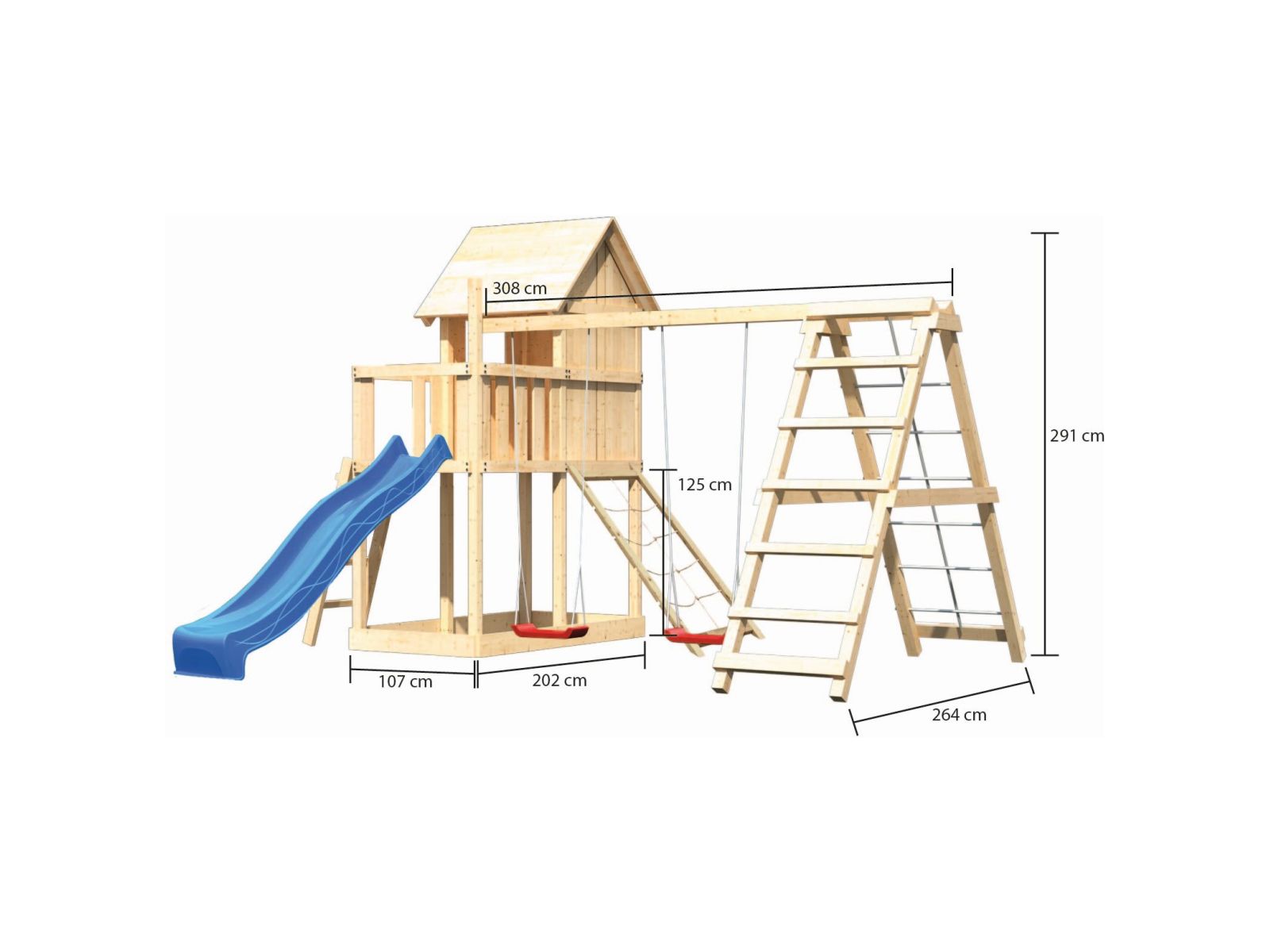 Karibu Stelzenhaus Frieda + Rutsche blau + Doppelschaukel mit Klettergerüst + Netzrampe