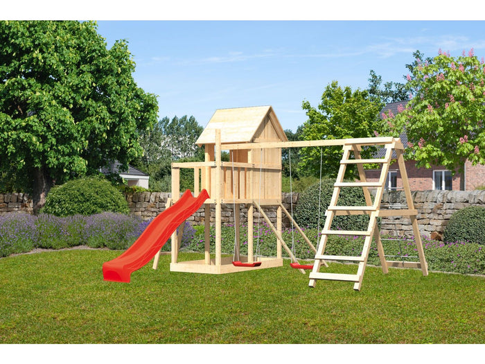 Karibu Stelzenhaus Frieda + Rutsche rot + Doppelschaukel mit Klettergerüst + Netzrampe