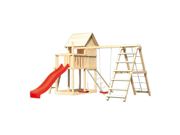 Karibu Stelzenhaus Frieda + Rutsche rot + Doppelschaukel mit Klettergerüst + Netzrampe