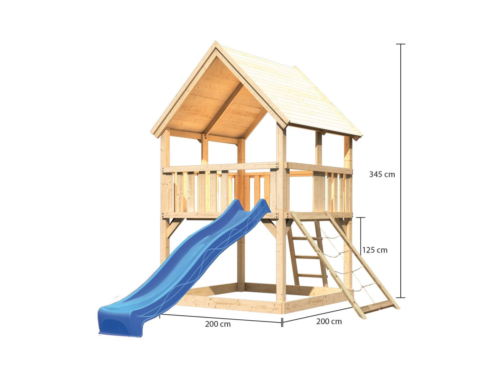 Karibu Spielturm Luis Satteldach + Rutsche blau + Netzrampe