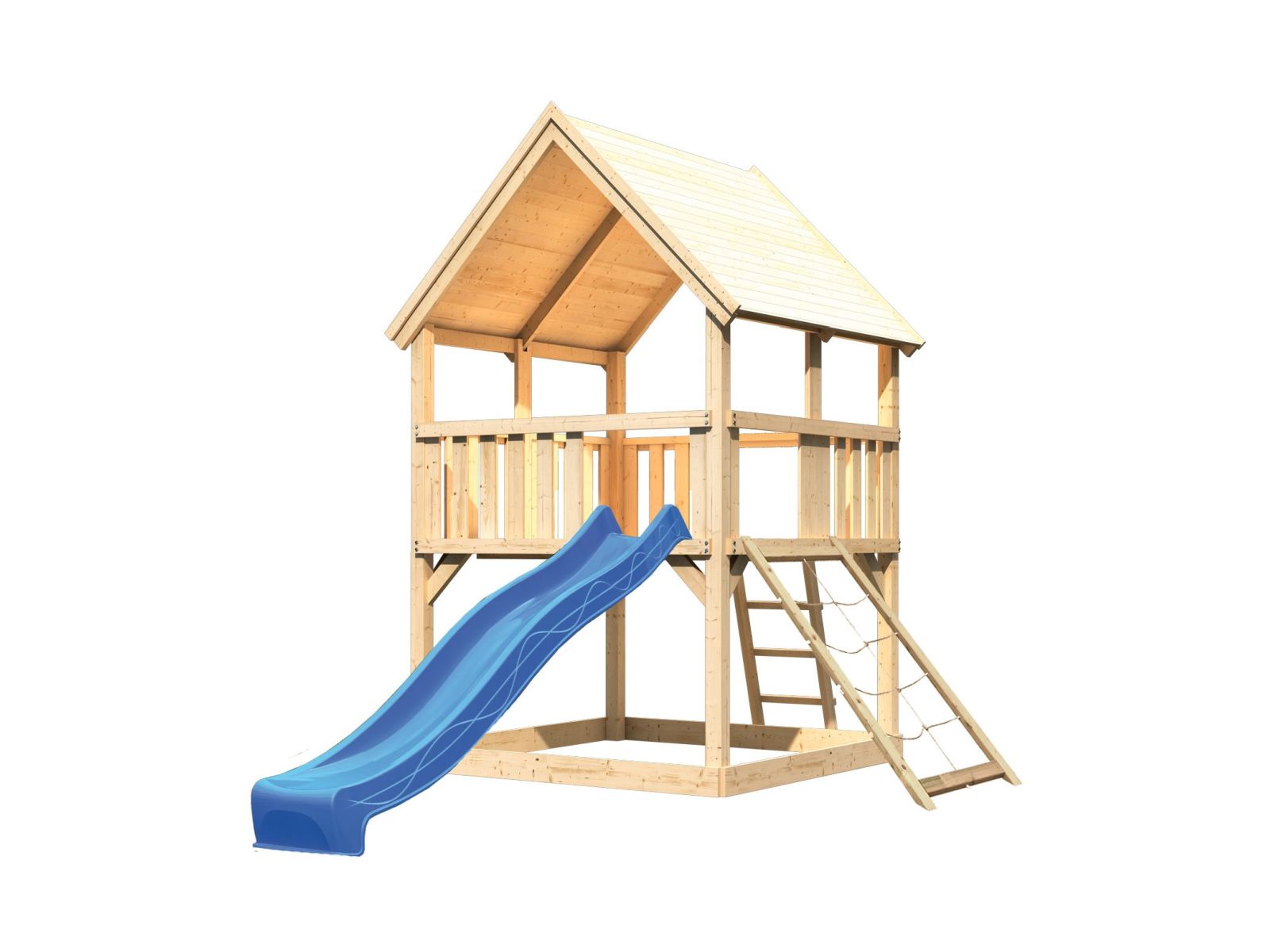 Karibu Spielturm Luis Satteldach + Rutsche blau + Netzrampe