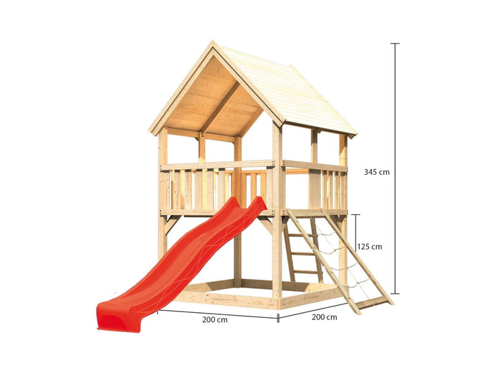 Karibu Spielturm Luis Satteldach + Rutsche rot + Netzrampe