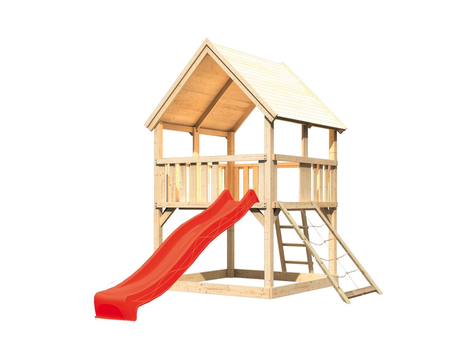 Karibu Spielturm Luis Satteldach + Rutsche rot + Netzrampe