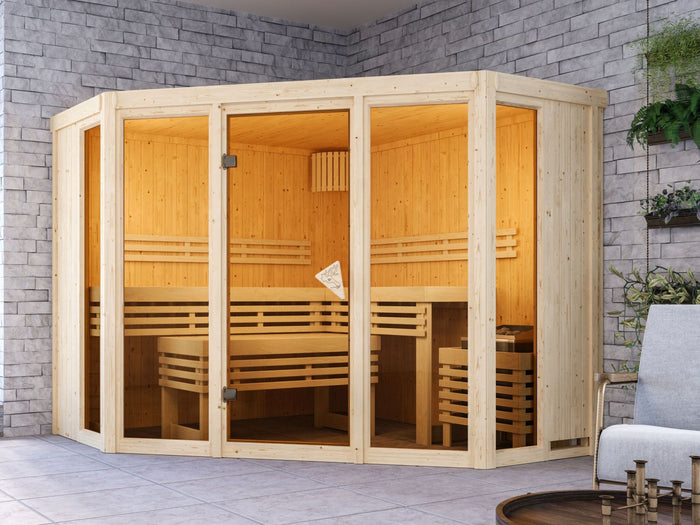 Karibu Sauna Alcinda 2, 68 mm, inkl. 9 kW Bioofen ext. Steuerung Wifi HUUM - ohne Dachkranz -
