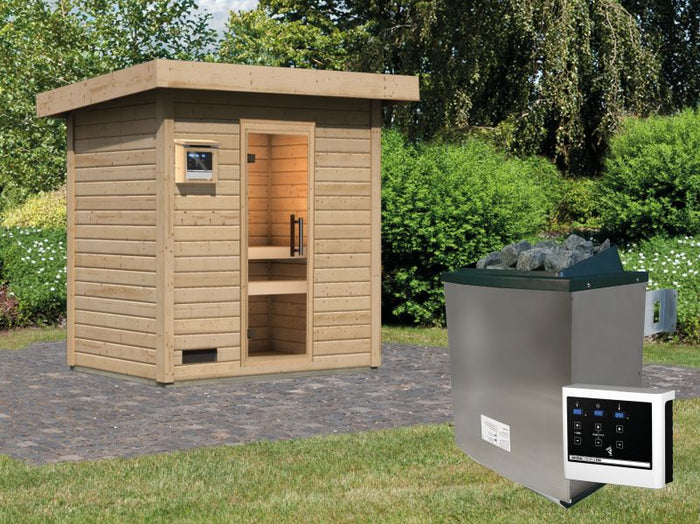 Karibu Saunahaus Caapi 2, inkl. 9 kW Ofen finnisch ext. Steuerung, mit Klarglastür und Fußboden