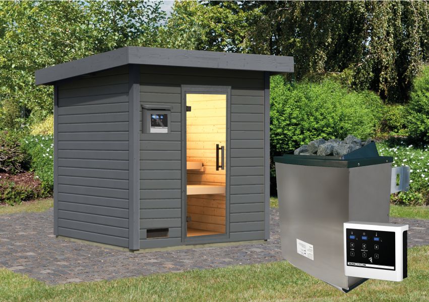 Karibu Saunahaus Caapi 3, terragrau, inkl. 9 kW Ofen finnisch ext. Steuerung - mit Klarglastür und Fußboden