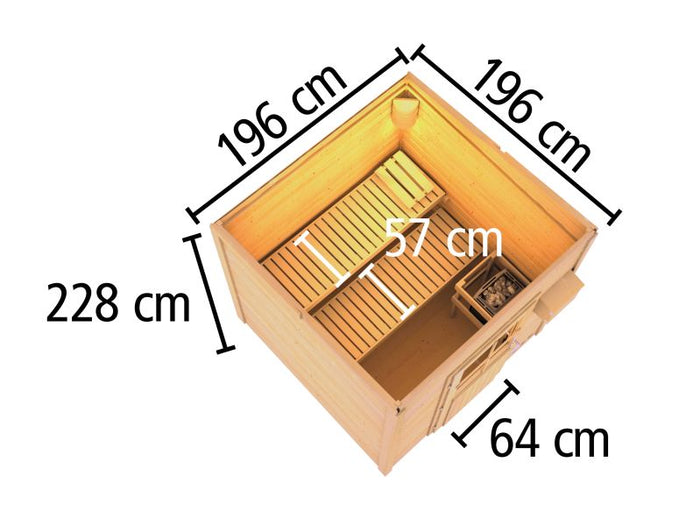 Karibu Saunahaus Caapi 3, terragrau, inkl. 9 kW Ofen finnisch ext. Steuerung - mit Klarglastür und Fußboden