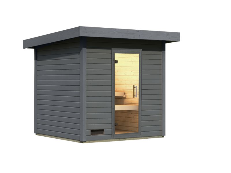 Karibu Saunahaus Caapi 3, terragrau, ohne Ofen - inkl. Klarglastür und Fußboden