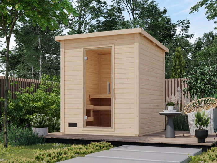 Karibu Saunahaus Caapi 3, inkl. 9 kW Bioofen ext. Steuerung - mit Klarglastür und Fußboden