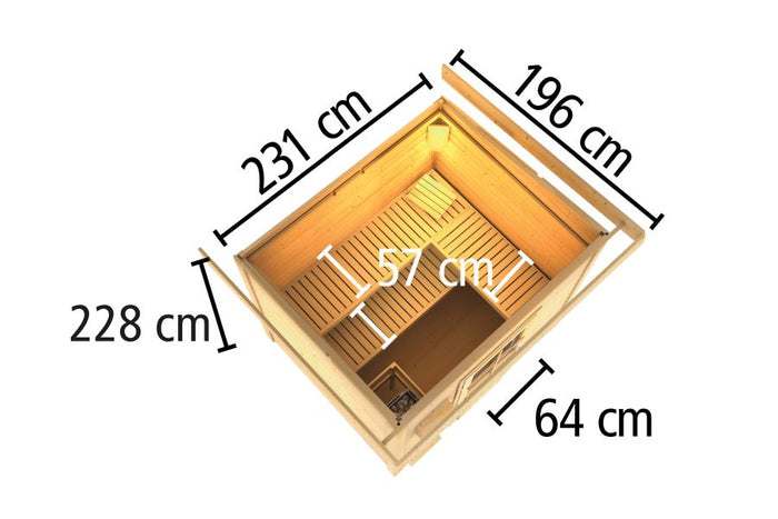 Karibu Saunahaus Hytti 3 38 mm - inkl. 9 kW Bioofen ext. Steuerung - inkl. Energiespartür und Fußbo