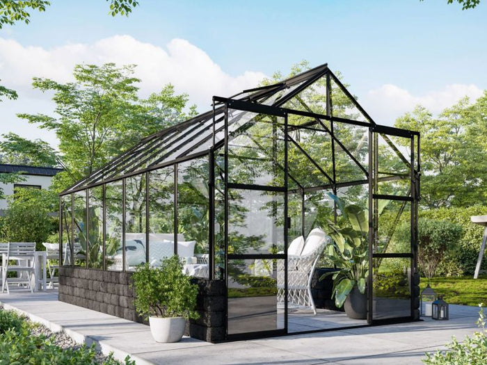 Vitavia Gewächshaus Cassandra 11500 ESG 3 mm Alu Schwarz pulverbeschichtet, inkl. Sockelmauer Basalt