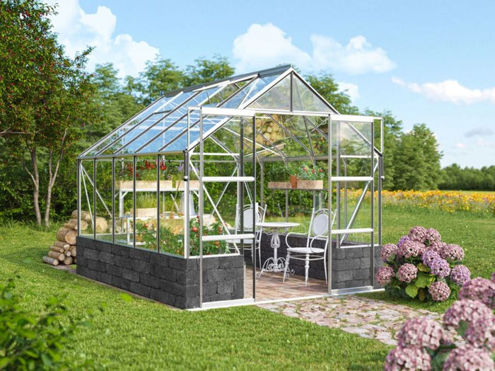 Vitavia Gewächshaus Cassandra 8300 ESG 3 mm Alu eloxiert, inkl. Sockelmauer Basalt