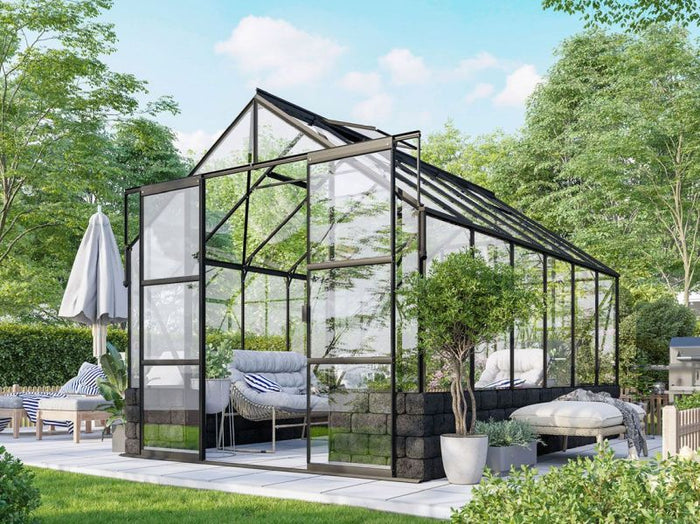 Vitavia Gewächshaus Cassandra 9900 ESG 3 mm Alu schwarz pulverbeschichtet, inkl. Sockelmauer Basalt