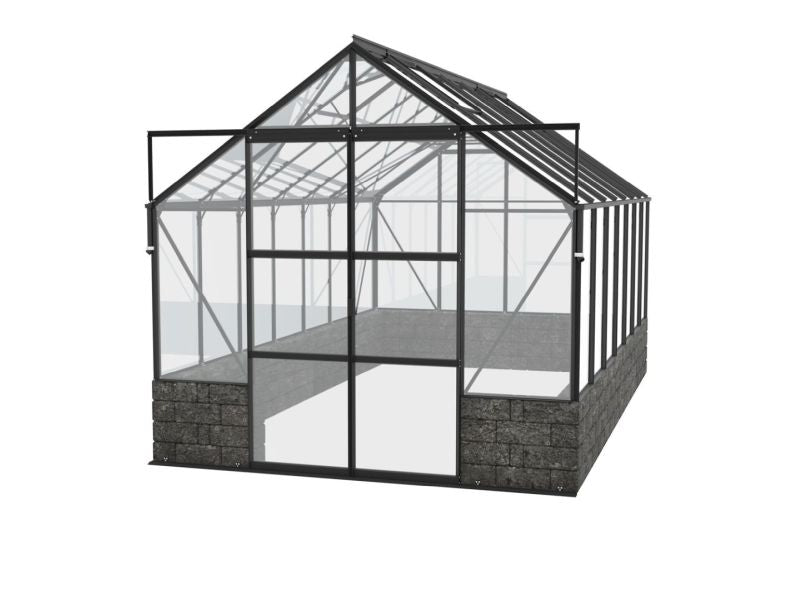 Vitavia Gewächshaus Cassandra 11500 ESG 3 mm Alu Schwarz pulverbeschichtet, inkl. Sockelmauer Basalt