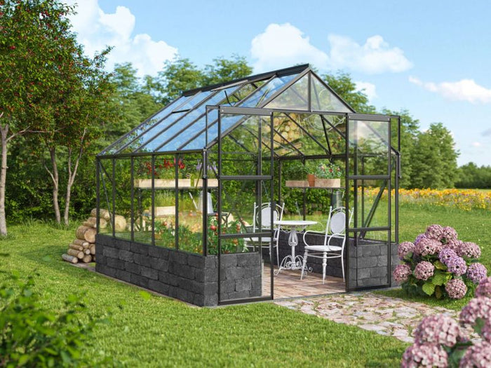 Vitavia Gewächshaus Cassandra 8300 ESG 3 mm Schwarz pulverbeschichtet, inkl. Sockelmauer Basalt