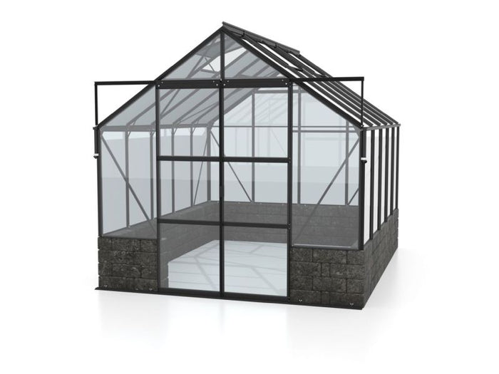 Vitavia Gewächshaus Cassandra 8300 ESG 3 mm Schwarz pulverbeschichtet, inkl. Sockelmauer Basalt