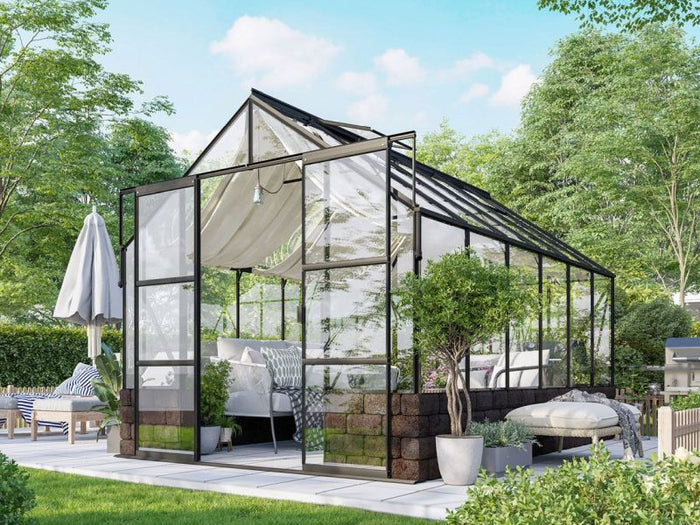 Vitavia Gewächshaus Cassandra 9900 ESG 3 mm Alu schwarz pulverbeschichtet, inkl. Sockelmauer Herbstlaub