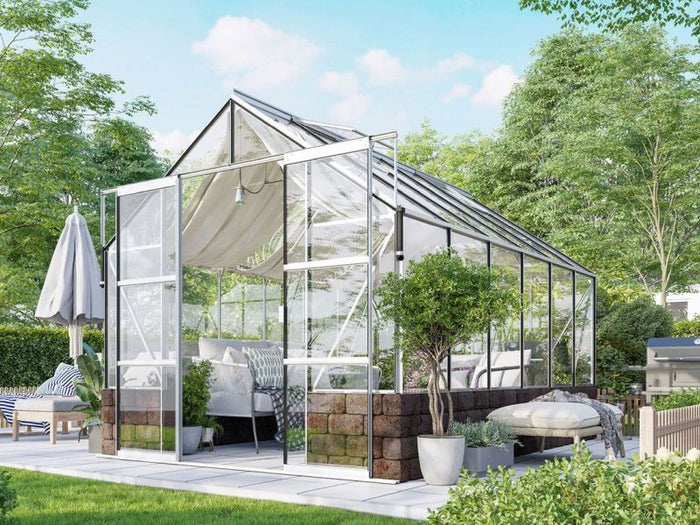 Vitavia Gewächshaus Cassandra 9900 ESG 3 mm Alu eloxiert, inkl. Sockelmauer Herbstlaub