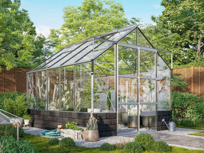 Vitavia Gewächshaus Cassandra 8300 ESG 3 mm Alu eloxiert, inkl. Sockelmauer Basalt