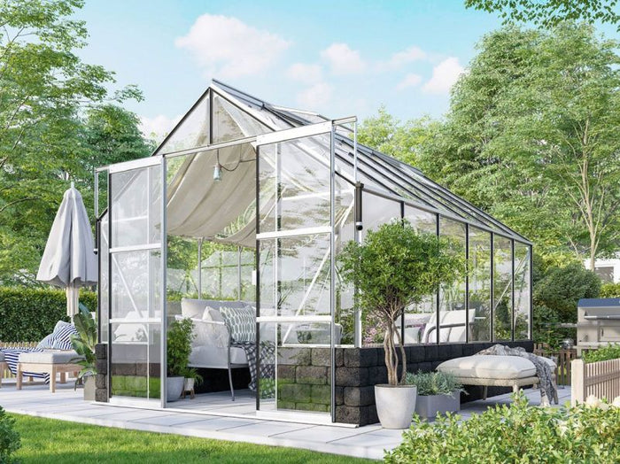 Vitavia Gewächshaus Cassandra 9900 ESG 3 mm Alu eloxiert, inkl. Sockelmauer Basalt