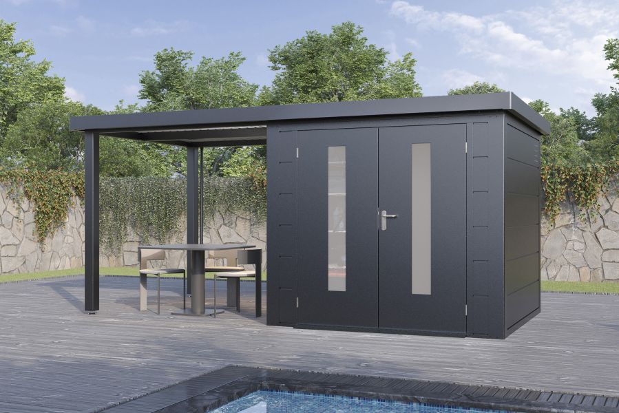 Wolff Finnhaus Metallgartenhaus Elvar 4824, Anthrazit, inkl. Seitendach links 2,40 m