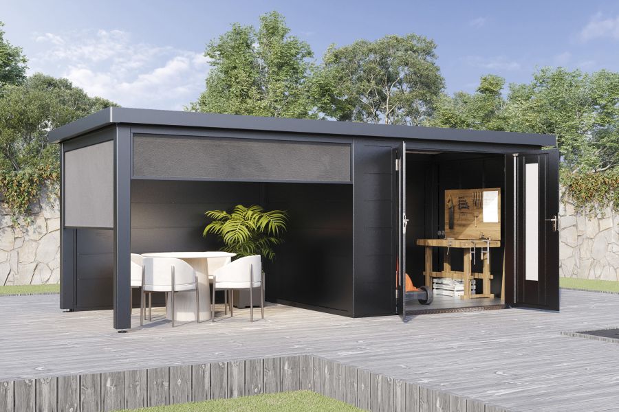 Wolff Finnhaus Metallgartenhaus Elvar 6024, Anthrazit, inkl. Seitendach links 2,40 m
