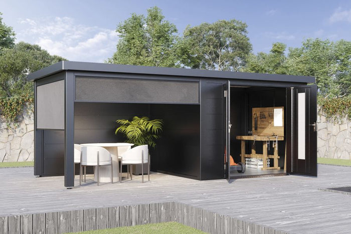 Wolff Finnhaus Metallgartenhaus Elvar 6024, Anthrazit, inkl. Seitendach links 2,40 m