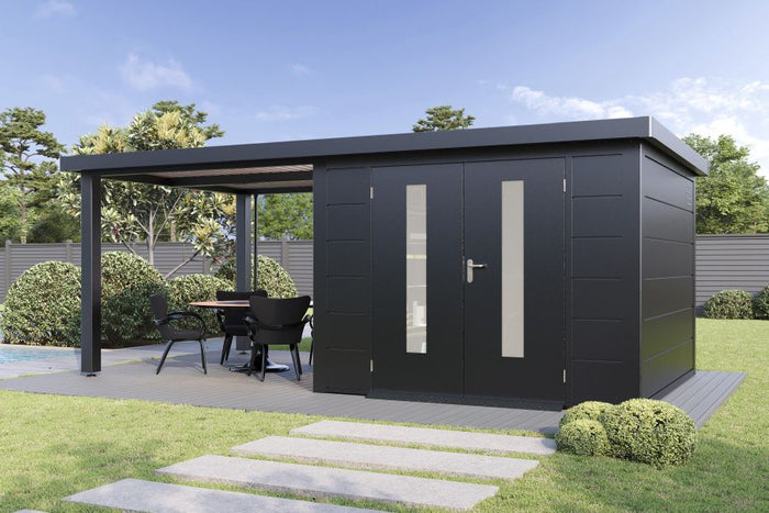 Wolff Finnhaus Metallgartenhaus Elvar 6030, Anthrazit, inkl. Seitendach links 3 m