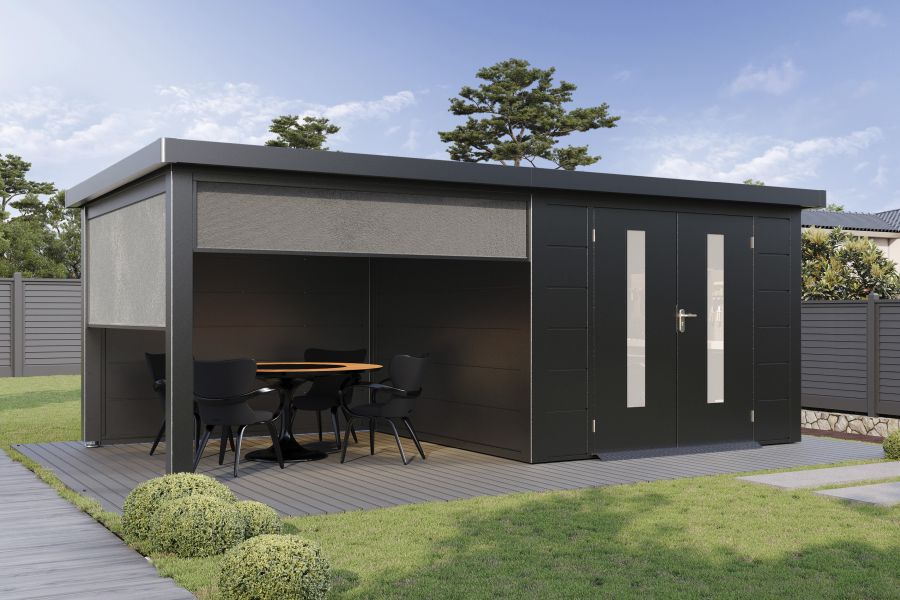 Wolff Finnhaus Metallgartenhaus Elvar 6030, Anthrazit, inkl. Seitendach links 3 m